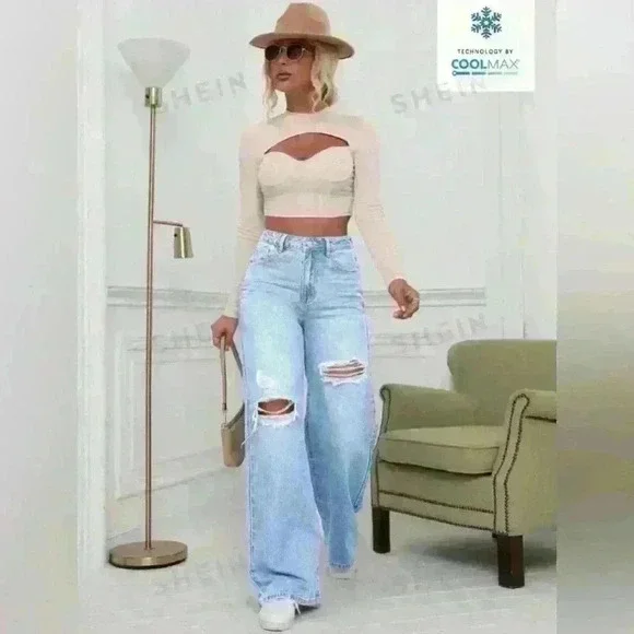 SHEIN EZwear Ladies’ Solid Color Ripped Denim Pants, Size Large - Picture 3 of 7